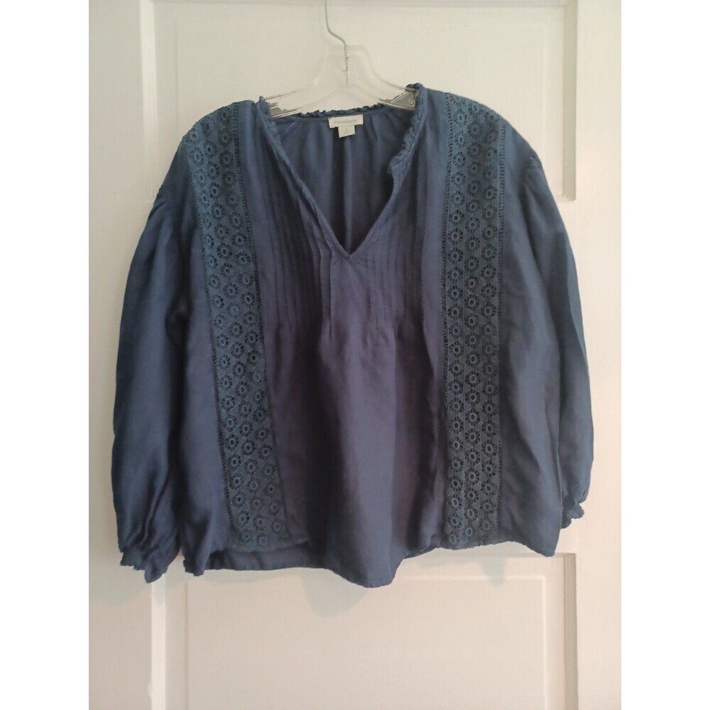 Sundance Lexley navy linenblend blouse S pullover top lace inset boho hippie